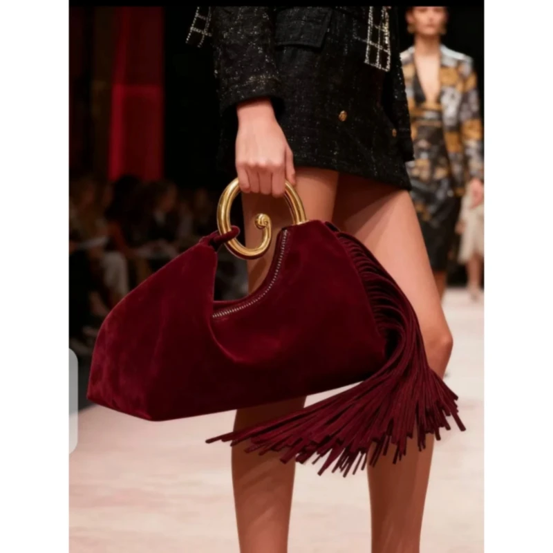 

Winter Retro Bag For Women Faux Suede Fashionable Pu Leather Tassel Elegant Handbag Portable Outdoor Travel Bag