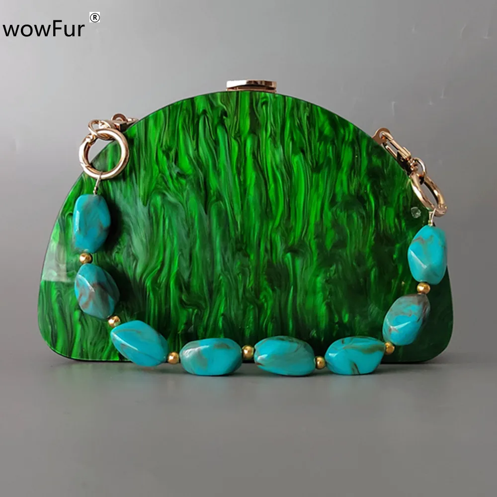 Women Pearl Green Acrylic Clutch Purse Chic Beauty Case Chains Party Flap Handbags New Wallet Casual Solid Half Moon Evening Bag