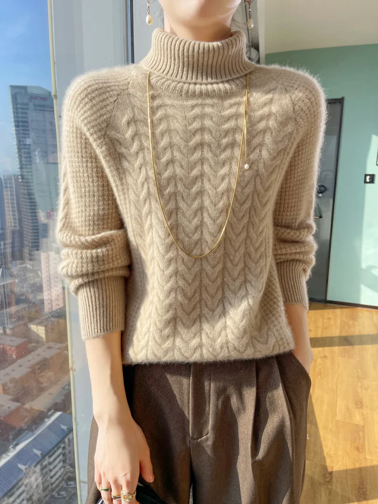New Fashion Women's Turtleneck Sweater For Winter Thick Warm Twist Flower 100% Merino Wool Knitwear Pullover Korean Popular Top
