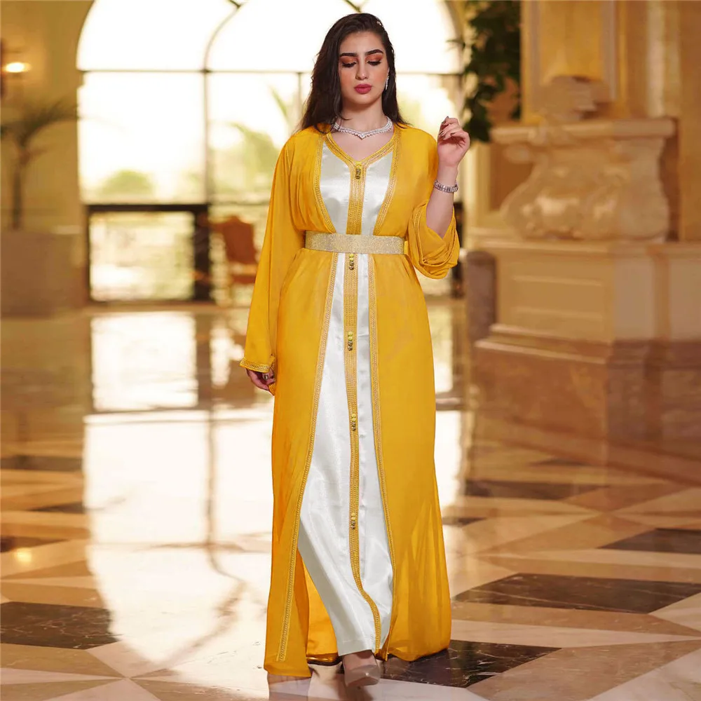 

Muslim Set Jalabiya Women Ramadan Abaya Elegant Chiffon Morocco Kaftan Formal Evening Dress 2 Piece Islamic Long Dresses 2024