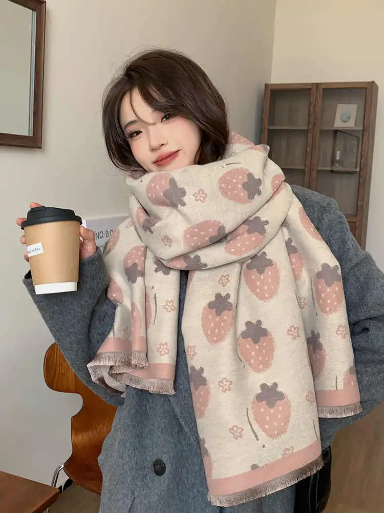 2024 Strawberry Pattern Scarf For Women Winter Thickened Warm Scarf Decoration Winter Dress Couple Shawl Christmas Gift Birthday