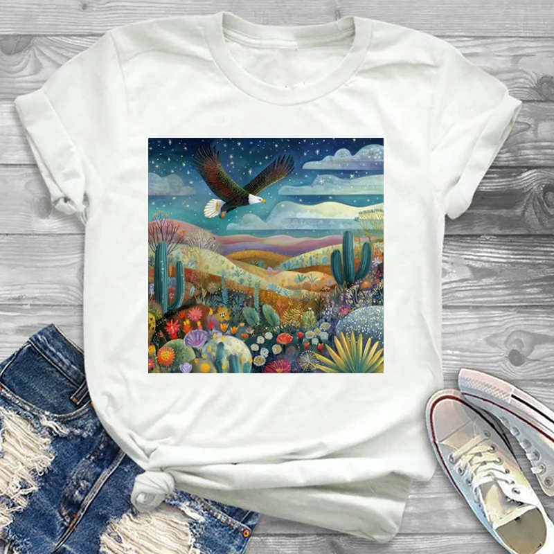 

Пустынный орел, красивый пейзажный узор, акварельная футболка, повседневный топ, милая летняя женская модная футболка с круглым вырезом и мультяшным принтом