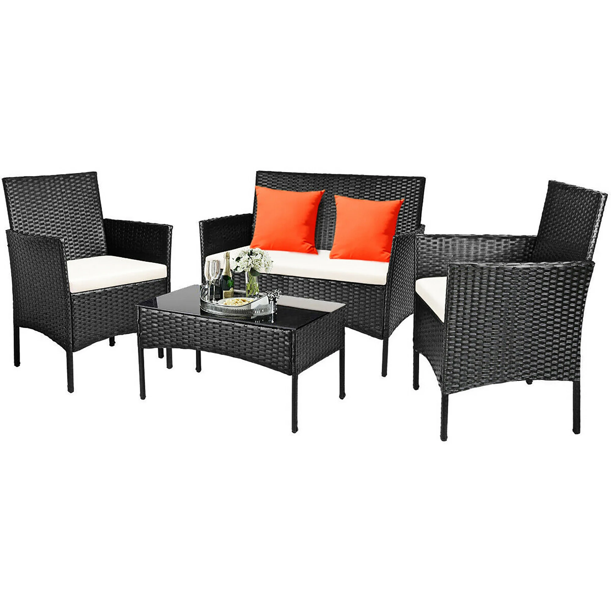 4 Stuks Patio Rotan Met Kussens Sofa Salontafel Achtertuin Veranda