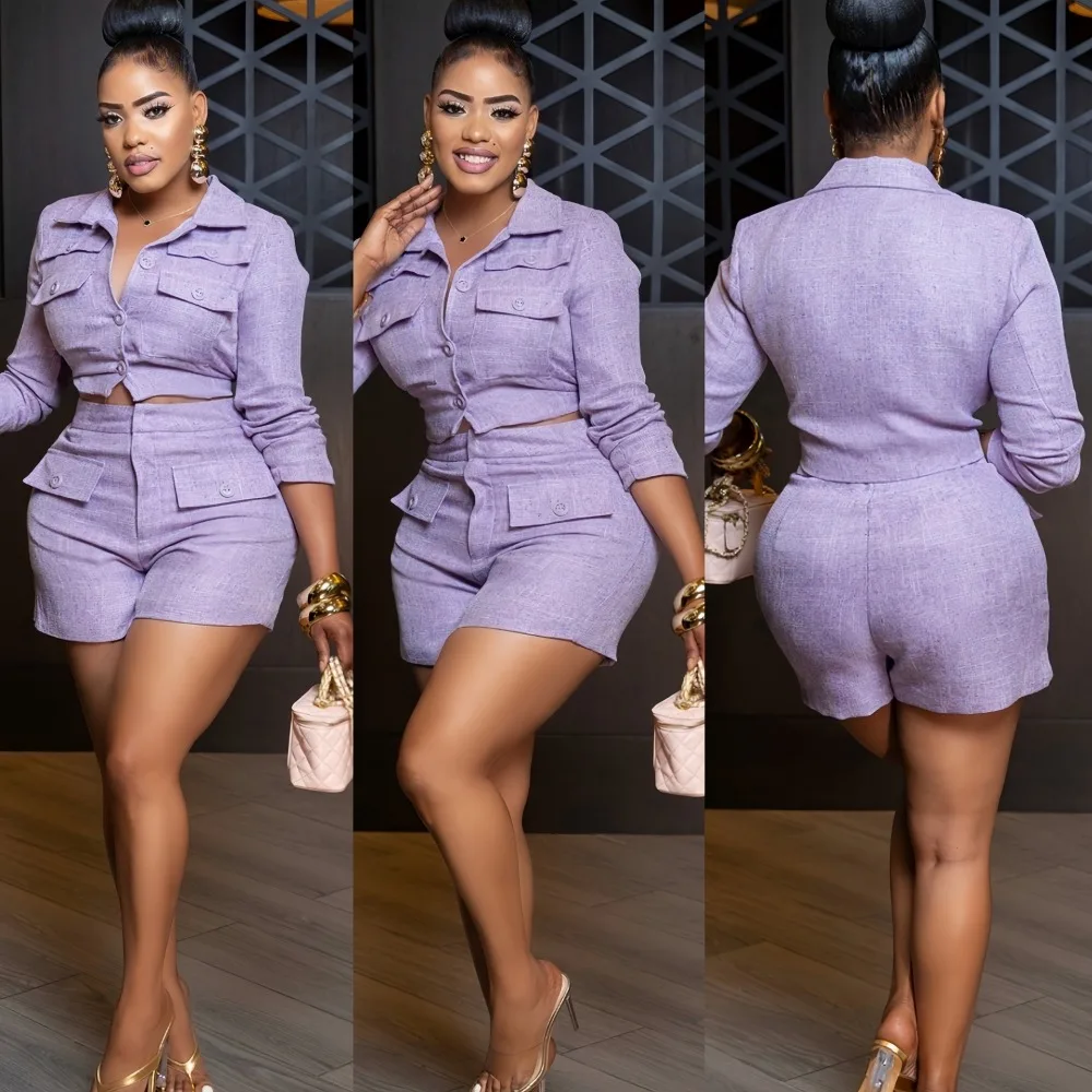 

HLJ Casual Solid Color Woman 2 Piece Set Outfit Fake Pocket Long Sleeves and Shorts Matching Female Streetwear Clothing 2026 New