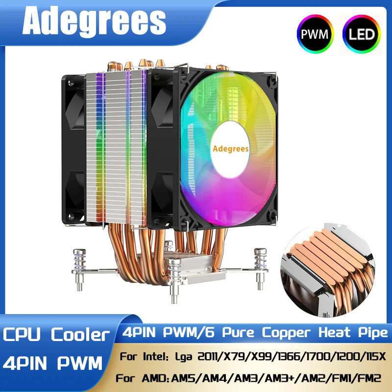 

Кулер для процессора X99, бесшумный 4-контактный кулер для процессора Intel LGA 2011 1700 1150 X79 AM4 AM3, 6 тепловых трубок, 1151 1155