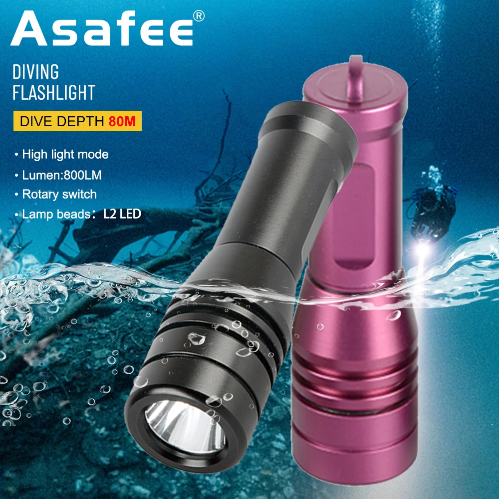 

Asafee DM008 80M Underwater L2 LED 800LM Diving Flashlight IPX8 Waterproof Scuba Torch Rotary Switch 1Mode Lantern 14500 Battery