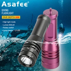 Asafee-linterna de buceo DM008, 80M, L2, LED, 800LM, IPX8, impermeable, interruptor giratorio, 1 modo, batería 14500