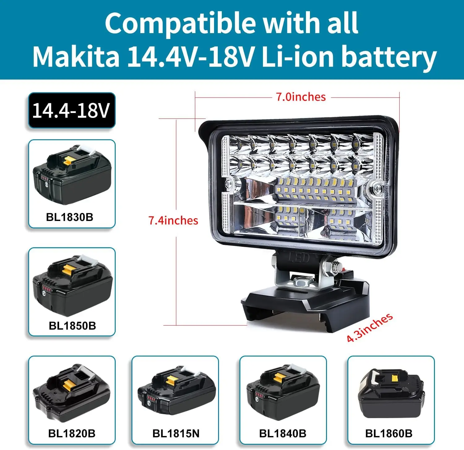 Imagem -03 - Luz de Trabalho Led sem Fio Luzes de Inundação Ajustáveis para Makita 14.4v18v Bateria Luz de Trabalho Portátil Iluminação de Acampamento ao ar Livre