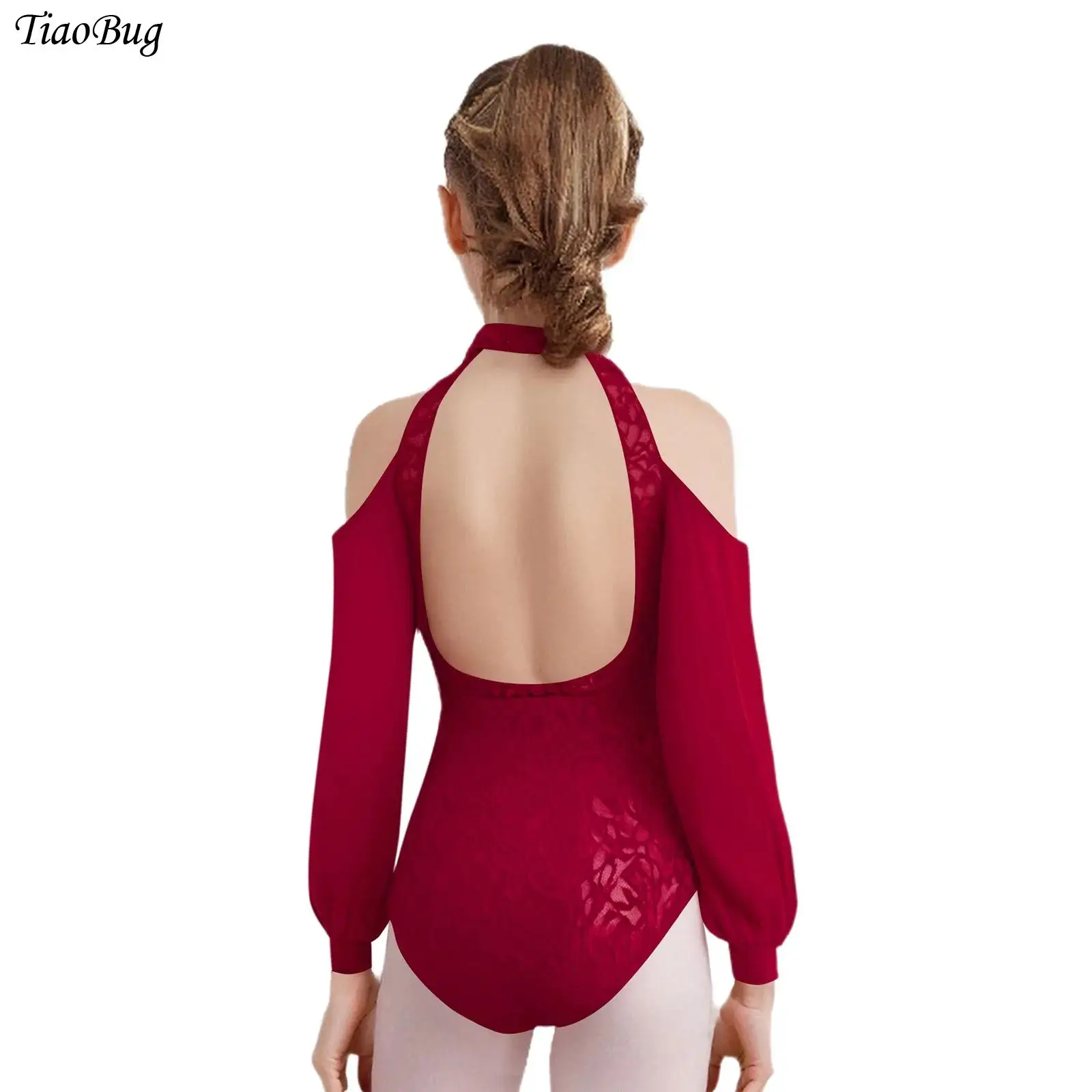 

Girls Ballet Leotard Figure Skating Costumes Mock Neck Cold Shoulder Sheer Mesh Long Sleeves Lace Yoga Gymnastics Dance Bodysuit