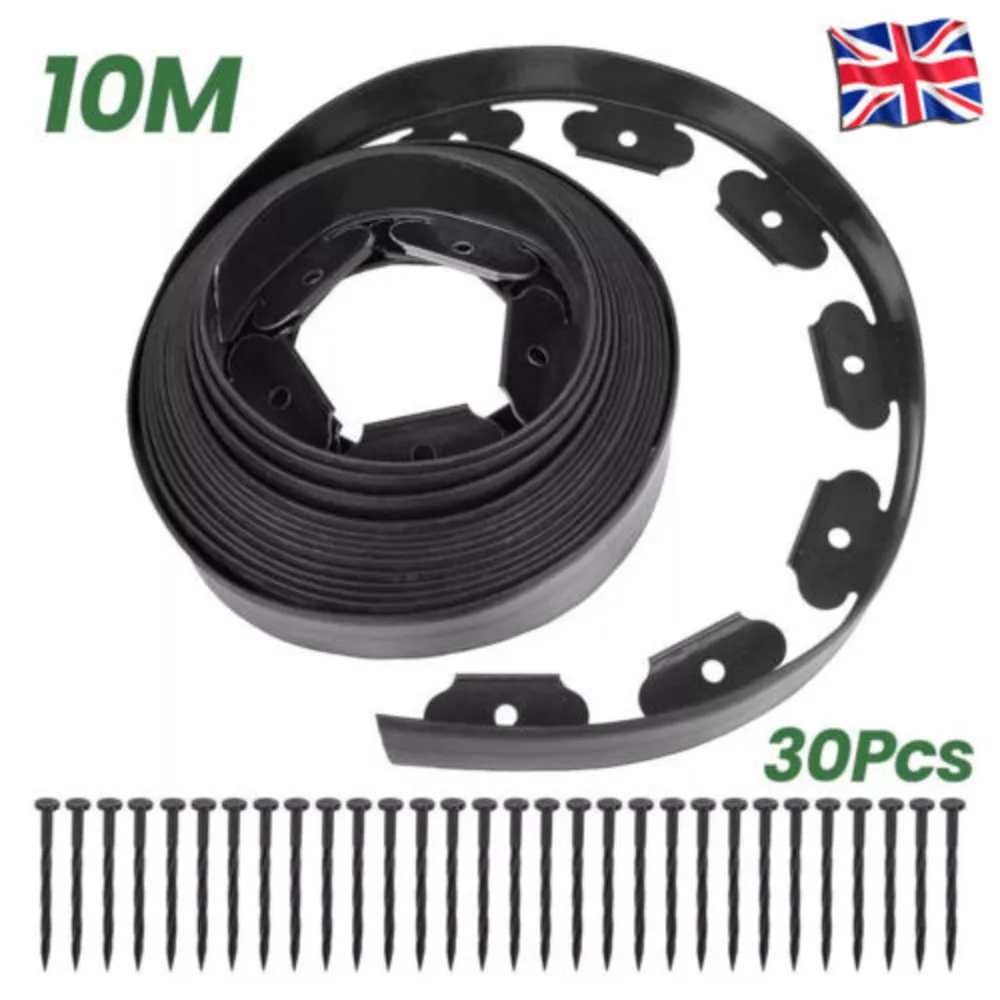 Flexible 10M Garden Border Edging Lawn Grass Edge With 30 Strong Plastic Peg