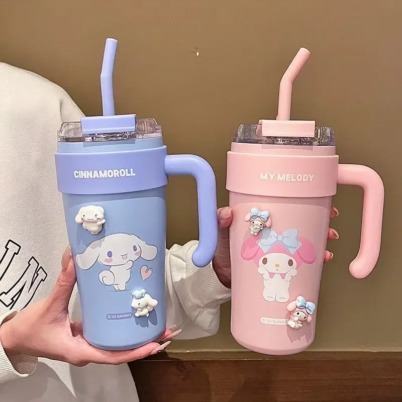 

Sanrio Cinnamoroll Water Cup My Melody Kuromi Pochacco Kawaii Thermos Cup Large Capacity with Straw and Handle Girls Cup Student