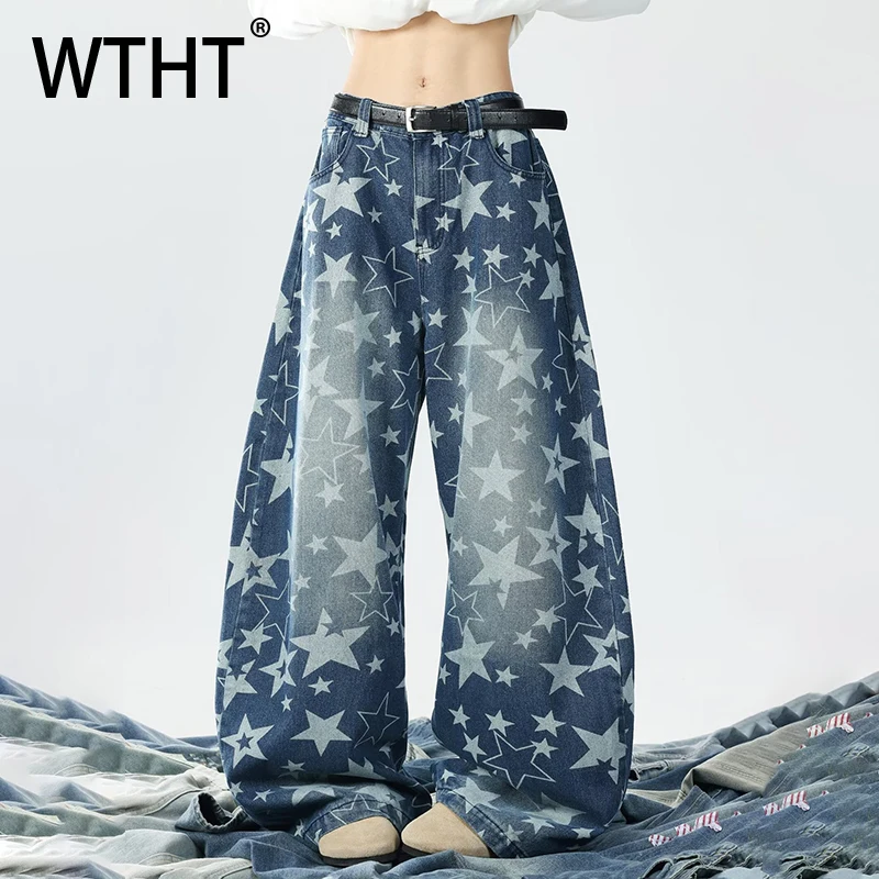 

WTHT Fashion Men's Five-pointed Star Print High Street Denim Pants Vintage High-waisted Wide Leg Jeans Male 2026 Summer 2A2823