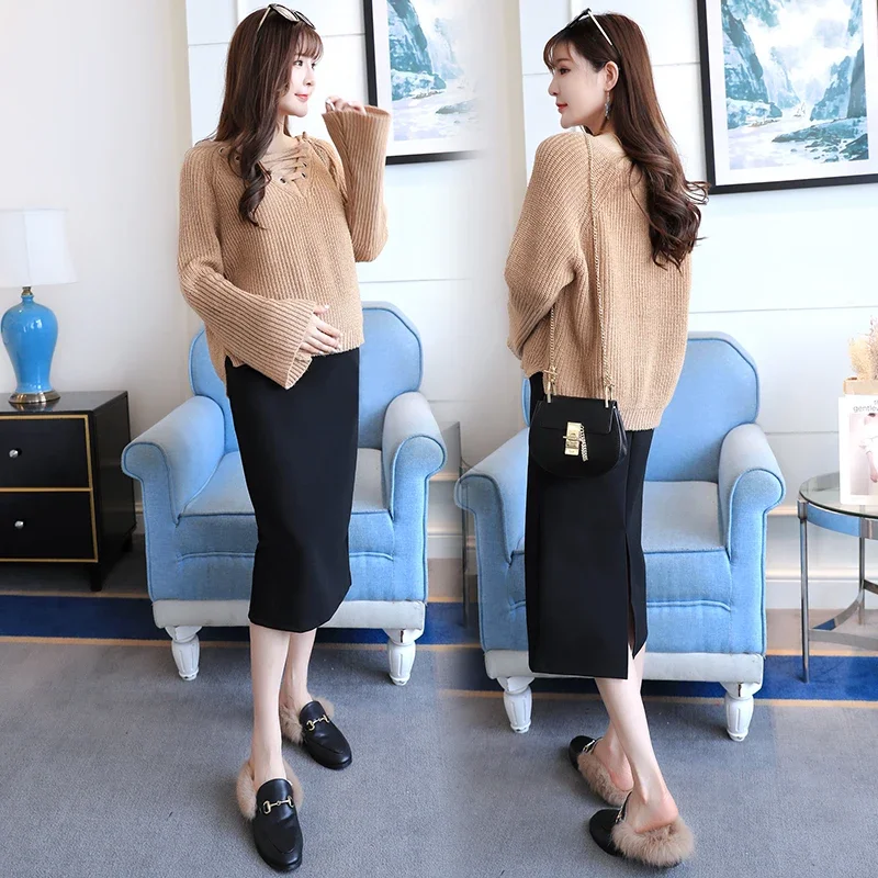 Maternity High Waist Belly Skirts Pregnant Women Empired Belly Skirts Mid-Calf Pencil Skirts Office Long Straight Skirt