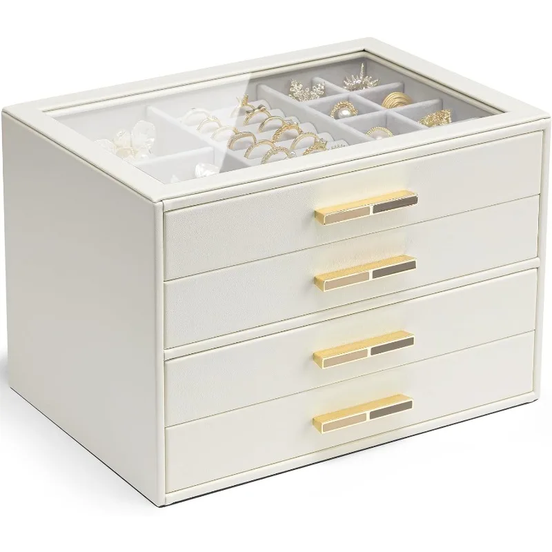 4 Layer Jewelry Box for Women, Glass Lid Jewelry Organizer with 4 Drawers for Necklaces Rings Earrings Bracelets - Cloud