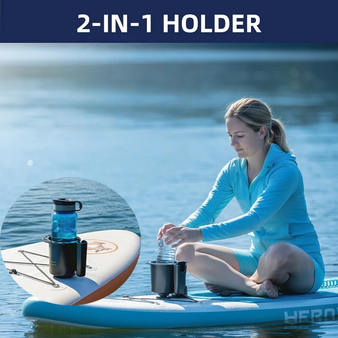 2-in-1 SUP Cup Holder with Phone Slot, Anti-Tip Bottle Mount, Multi-Hole Base Fits Paddle Boards, Kayaks & Fishing Boats