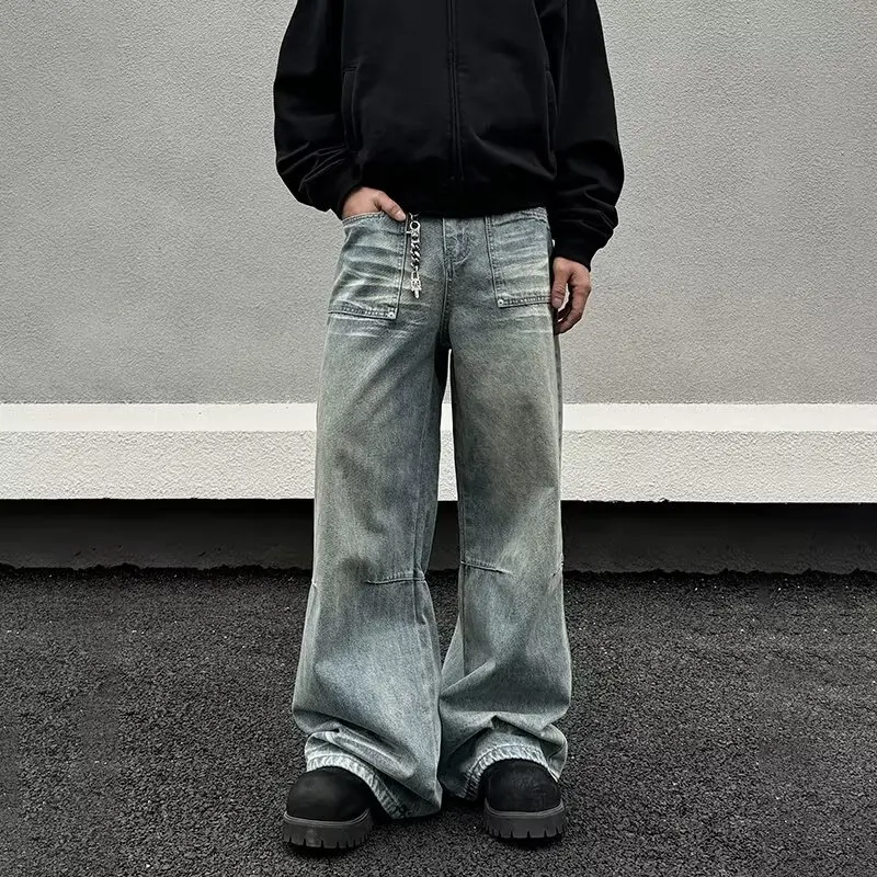 

Retro American Waed Jeans Men's Trendy High Street Loose Straight Leg Wide Leg Floor-Length Pants Long Trousers