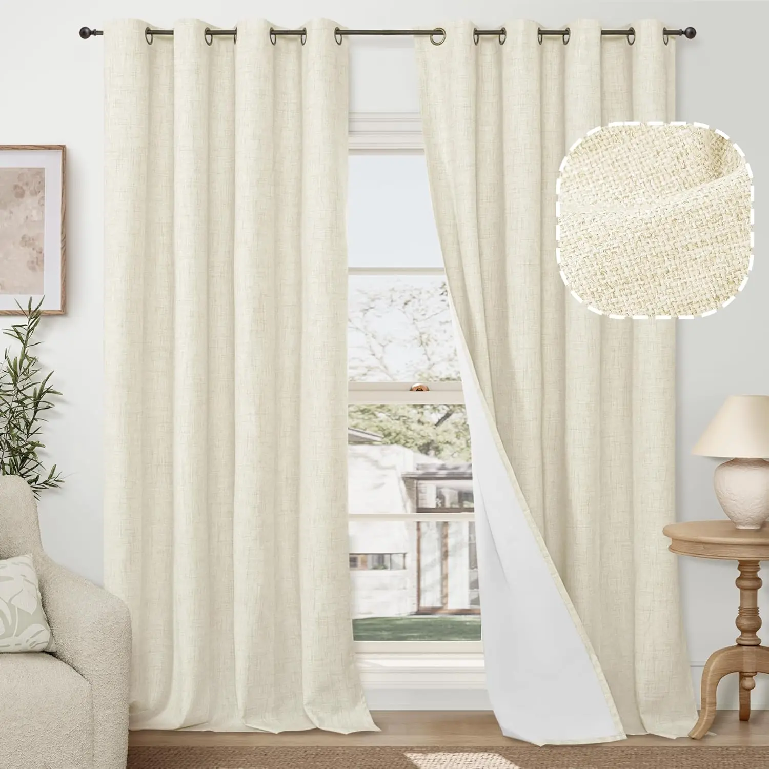 

Linen Blackout Curtains 60 Inch Wide 84 Inch Length 2 Panels, Total Black Out Thermal Insulated Soundproof Grommet Drapes for