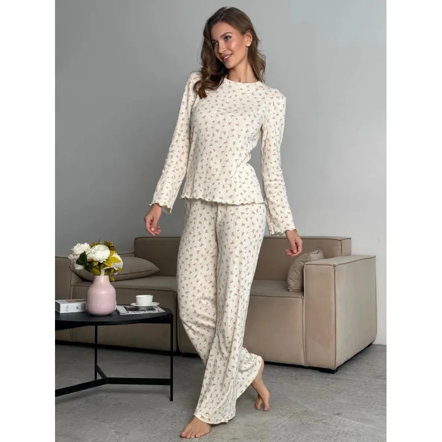Summer Women Pajama Set Floral Print Round Neck Top Wide Leg Pants Two Piece Cream Base Pastel Floral Relaxed Fit Home Wear view 4