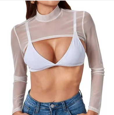 Womens Arm Sleeves Shoulder Shrug Tops See-through Mesh Crop Top Mock Neck Long Sleeve T-shirt Cover Ups Beachwear Clubwear