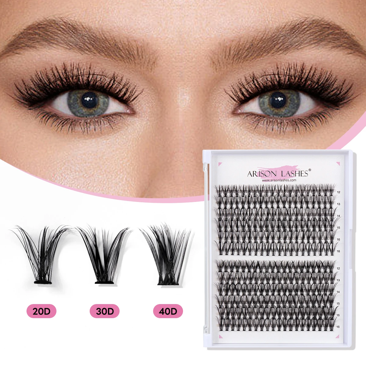 ARISON 20D/30D/40D Cluster Lashes 12Rows C/D Dovetail Segmented Lashes Natural Lighter Bundle Makeup Supplies Cilia Eyelashes