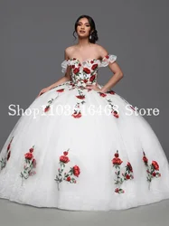 White Princess Ball Gowns Quinceanera Dresses 2024 Strapless Poncho 3D Floral Applique Embroidered Bone Vestido De 15 Quinceañer