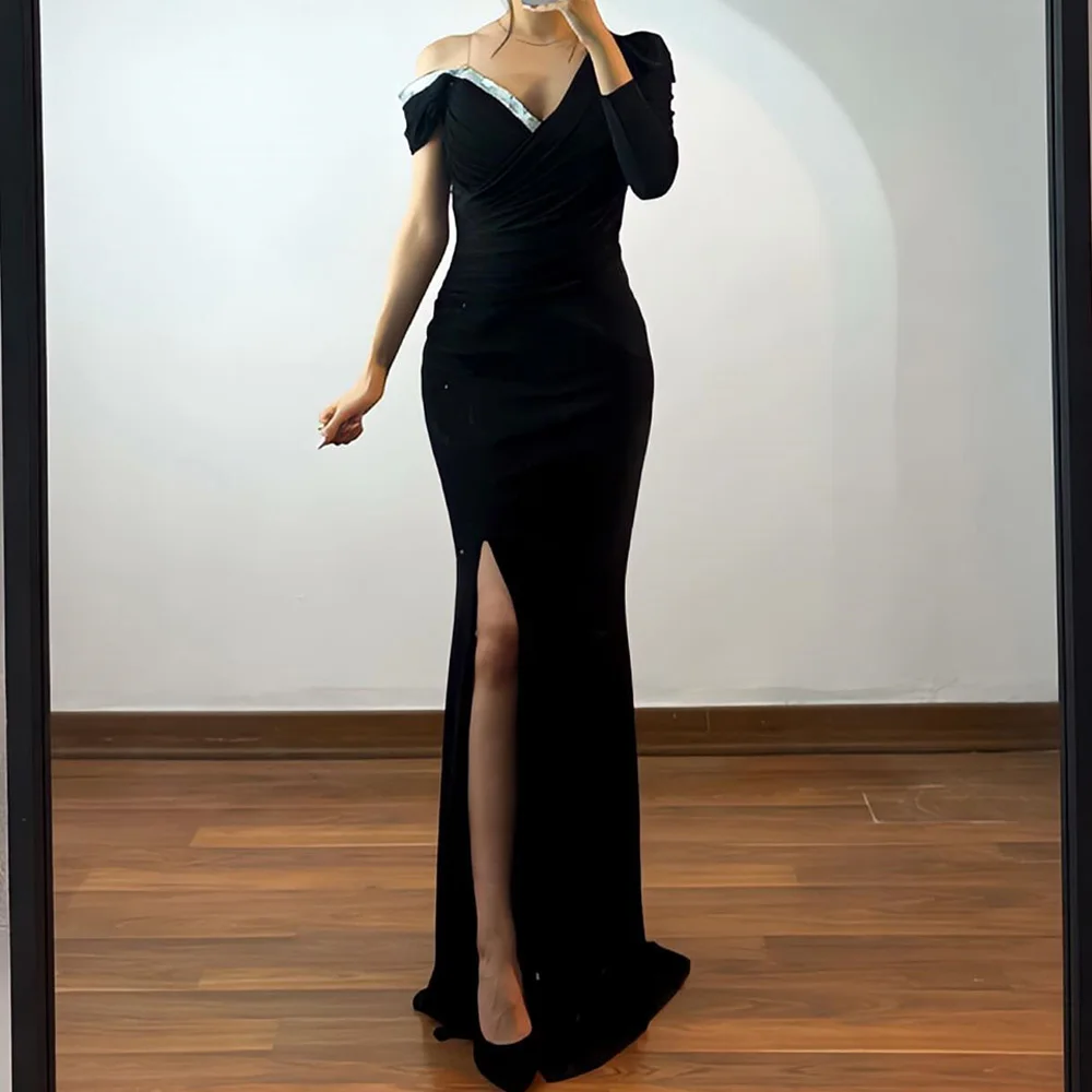 

Crystal Zipper Back Sweep Train Long Sleeves Jersey One Shoulder V-Neck Side Slit Spaghetti Straps Graceful Evening Dress 2024