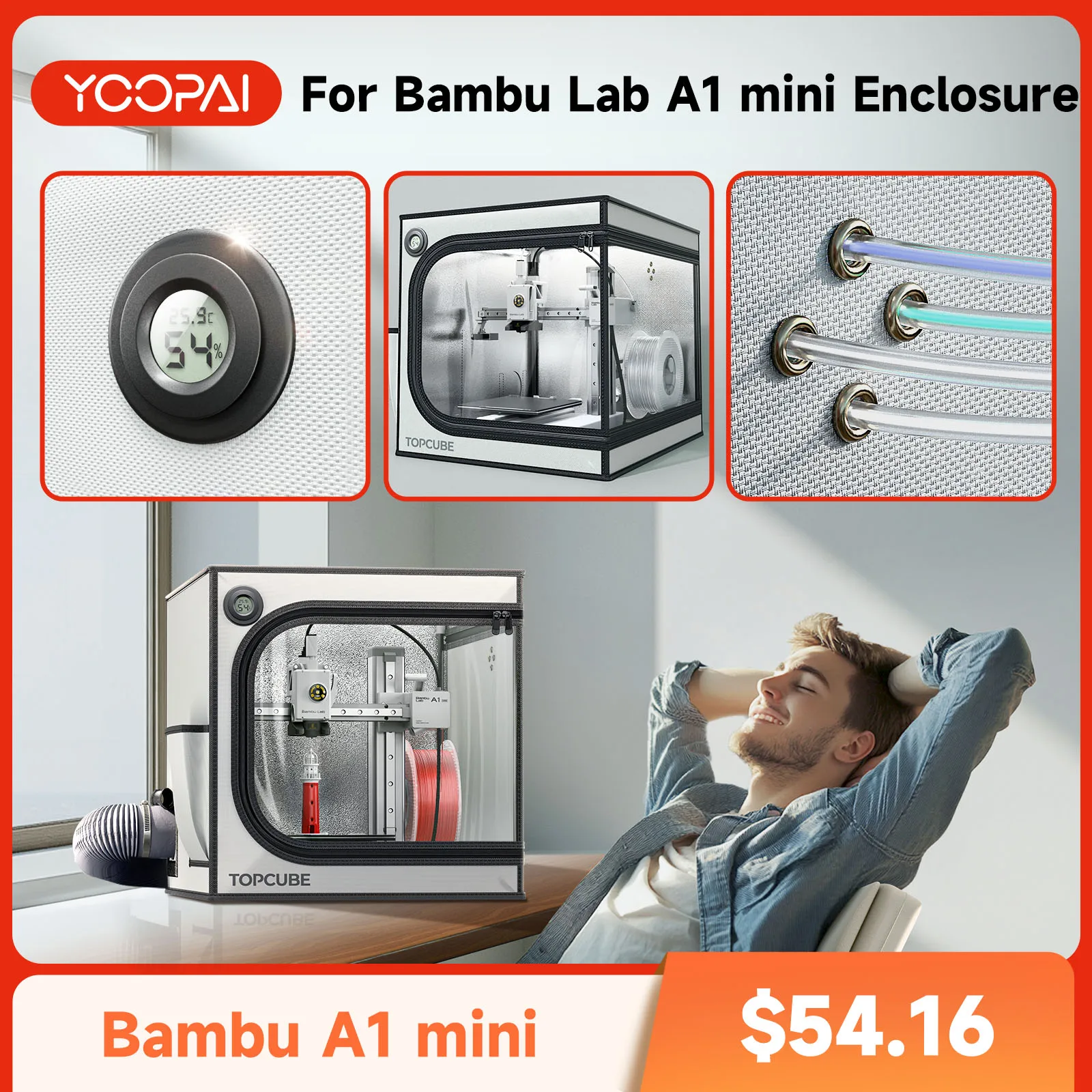 Obudowa drukarki 3D Yoopai do mini drukarki 3D Bambu Lab A1 z oświetleniem LED Rozmiar stałej temperatury 46 * 46 * 55 cm