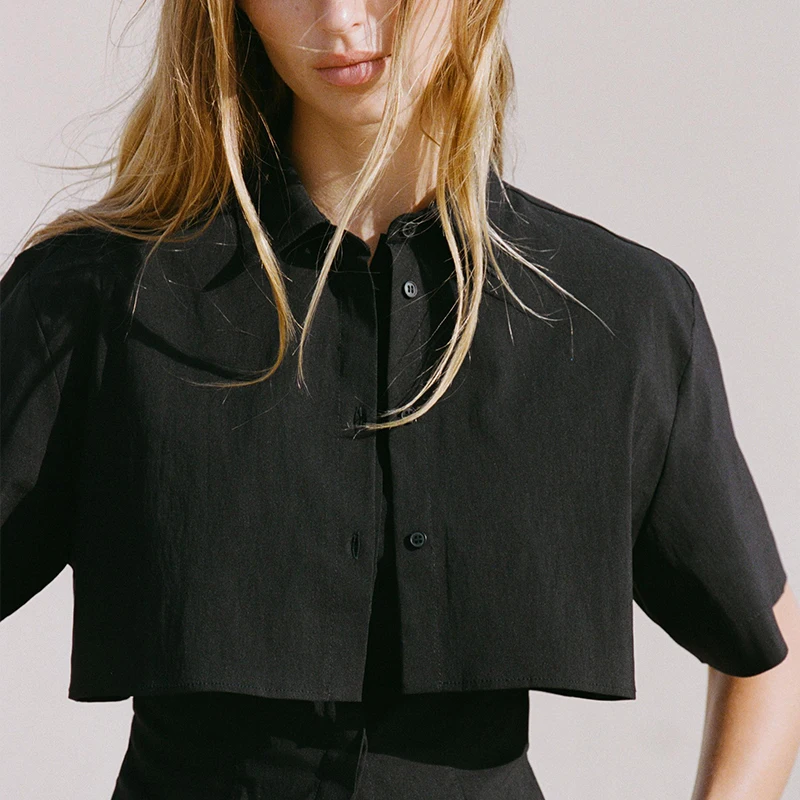 

Casual ort Sve Turn-down Collar Women's Sle irt Street Sle Spring 2025 Regular Length Pure Color Polyester Fiber