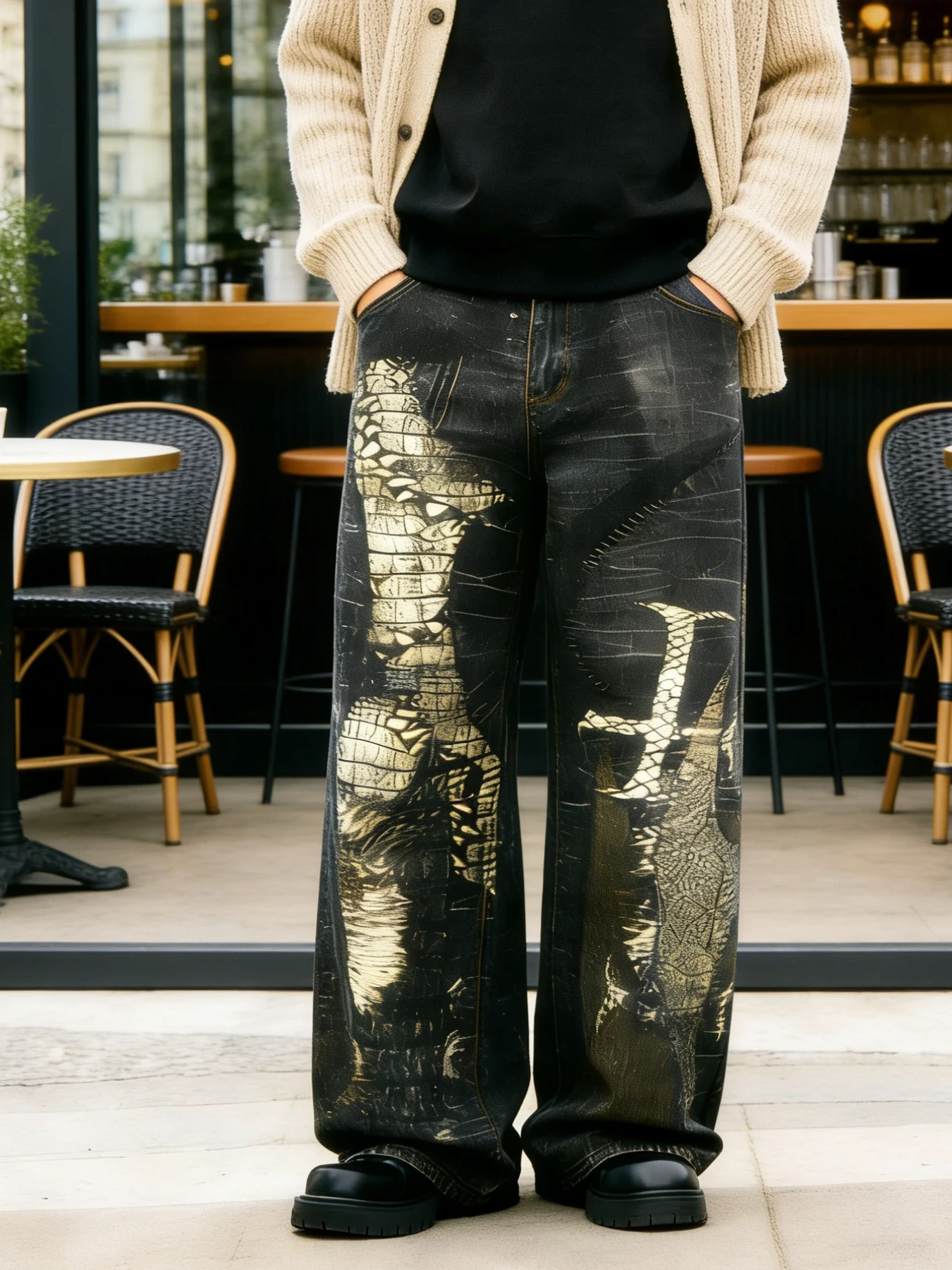 

American-style high street gold-foil crocodile pattern wide-leg jeans for men, vintage washed, loose straight-leg trendy pants
