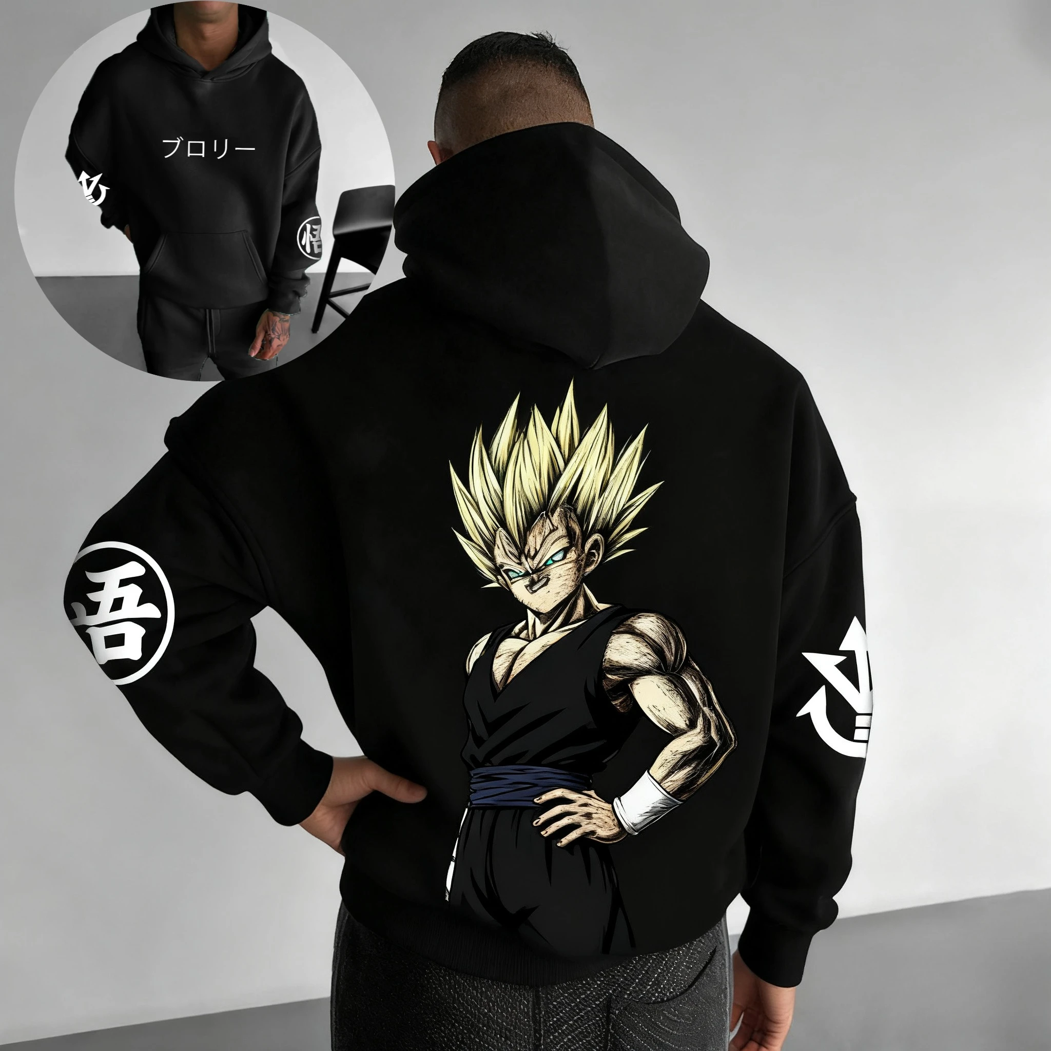 

Dragon Ball, новинка 2025 года, толстовка с капюшоном в стиле аниме Broly Villain, черная японская толстовка с принтом на спине, с белым рукавом и текстом, уличная одежда, модная повседневная одежда для косплея