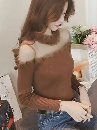 

Faionable Knitted Lace Off-oulder Pullover irt for Women Cleanfit Sle ort Sve Thin Polypropylene Material