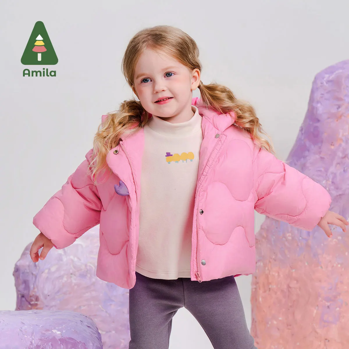 Amila Baby Down Jacket 2024 Winter New Girls White Duck Down Pure Color Sweet Warm Hooded Soft Casual Loose Children‘s Jacket