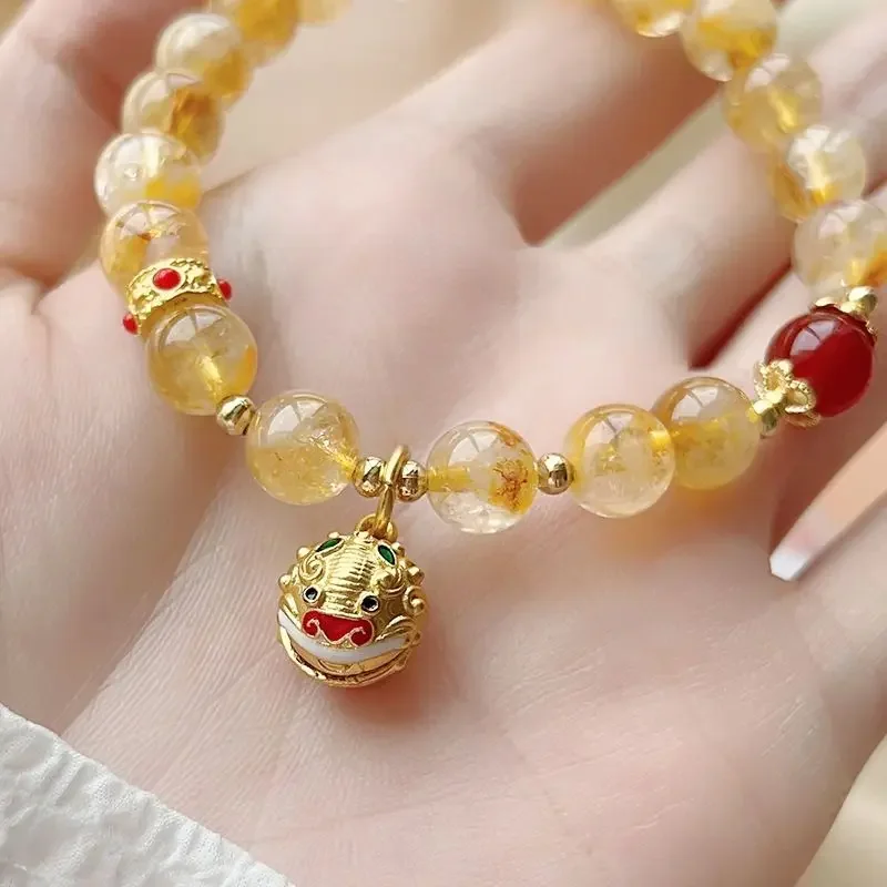 Pulseira feminina citrina natural, despertar joias do sino do leão, pernoite de templo rico mesmo estilo, presente de namorada de alta qualidade, boa sorte, boa sorte