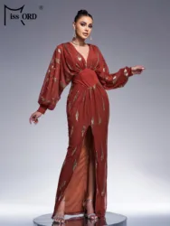 Missord New V Neck Lantern Sleeves Sequin Split Evening Gown High Quality Luxury Birthday Prom Party Graduation Dresses