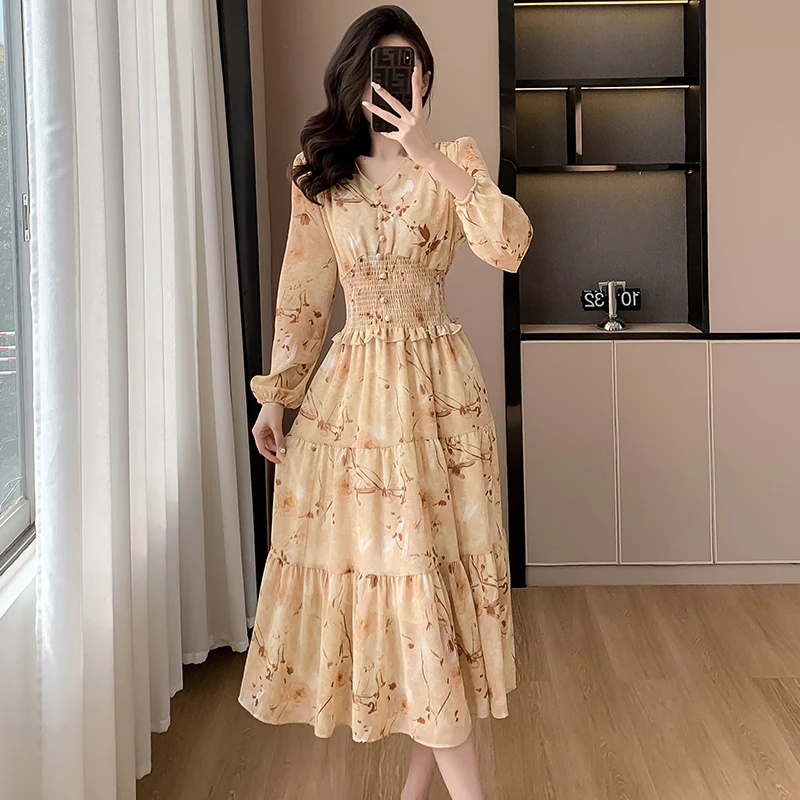 

2024 Fashion Spring Flower Print Chiffon Holiday Dress French Women V Neck High Elastic Waist Puff Sleeve Floral Midi Vestidos