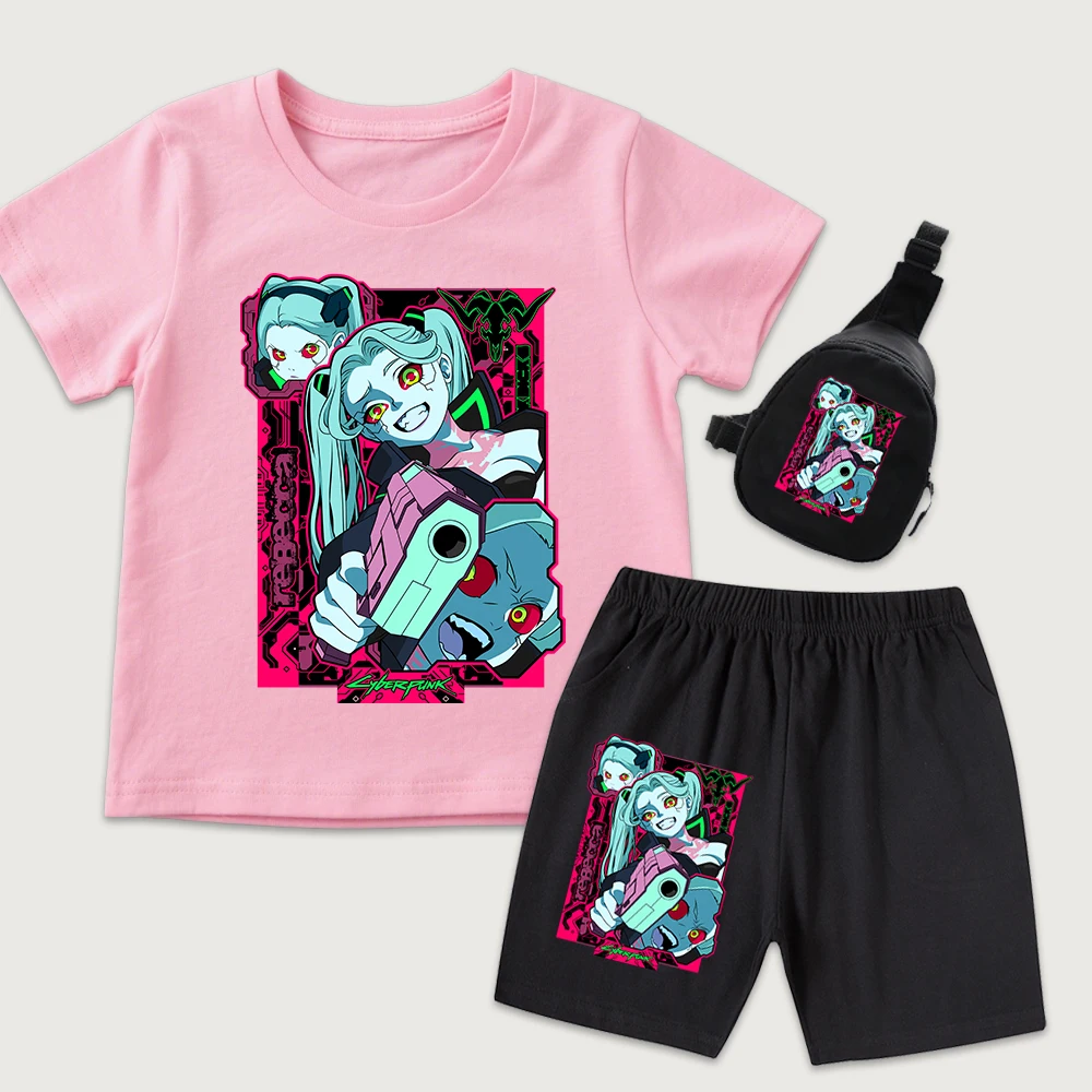 Kids Cyberpunk Rebecca Anime Print Cotton T Shirt Shorts Mini Chest Bag 3 Piece Set for Boys Girls Casual Summer Outfit