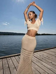 2024 Sexy Side Split Knit Cut Out Tassel Two-Piece Crochet Top Skirt Sets Women Holiday Casual Beachwear Swimsuit Cover Up A2865