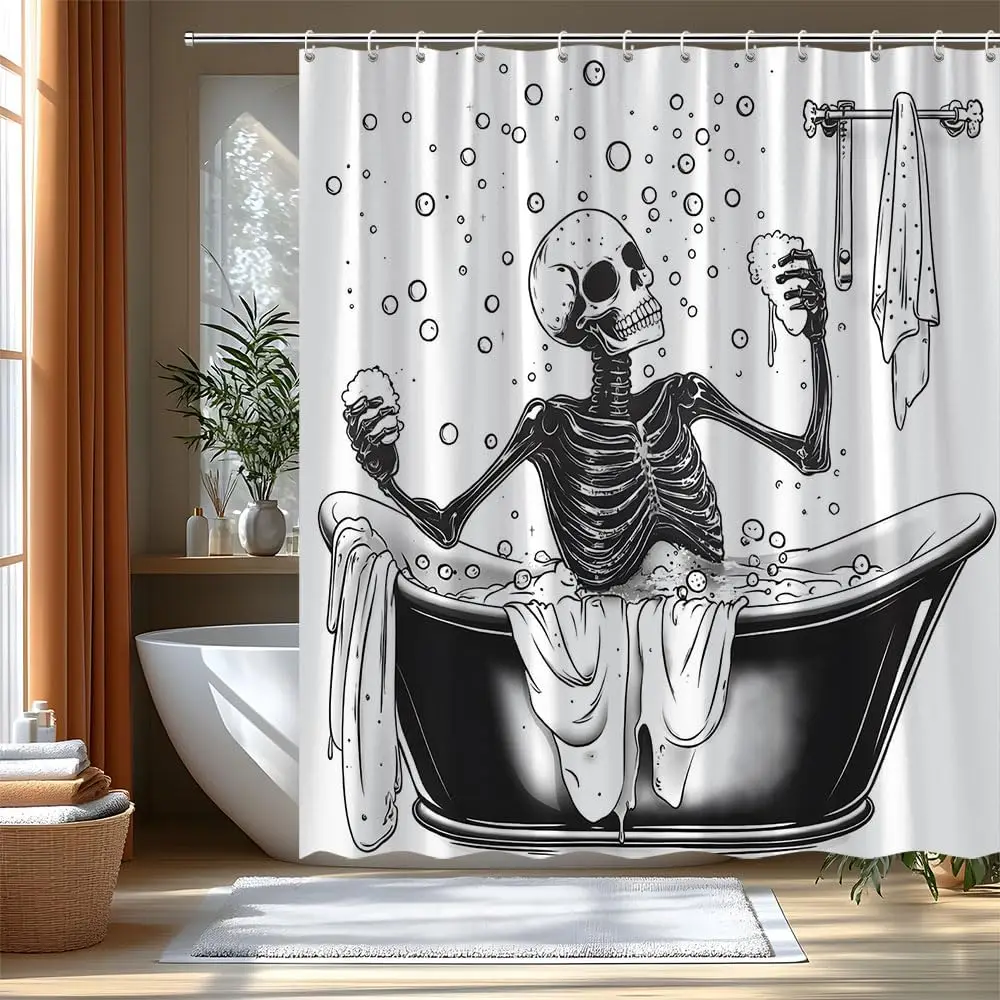 Funny Skull Shower Curtain Black White Skeleton  Bathtub Spooky Cool Halloween for Men Boys Gothic Bathroom Curtains Set with