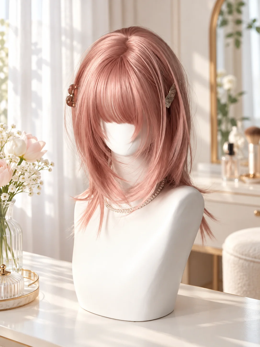 Sweet and Cool Mullet Wig for Women, Dusty Pink Layered Collarbone-Length Short Wig with Natural-Looking Hairline, Full Cap for