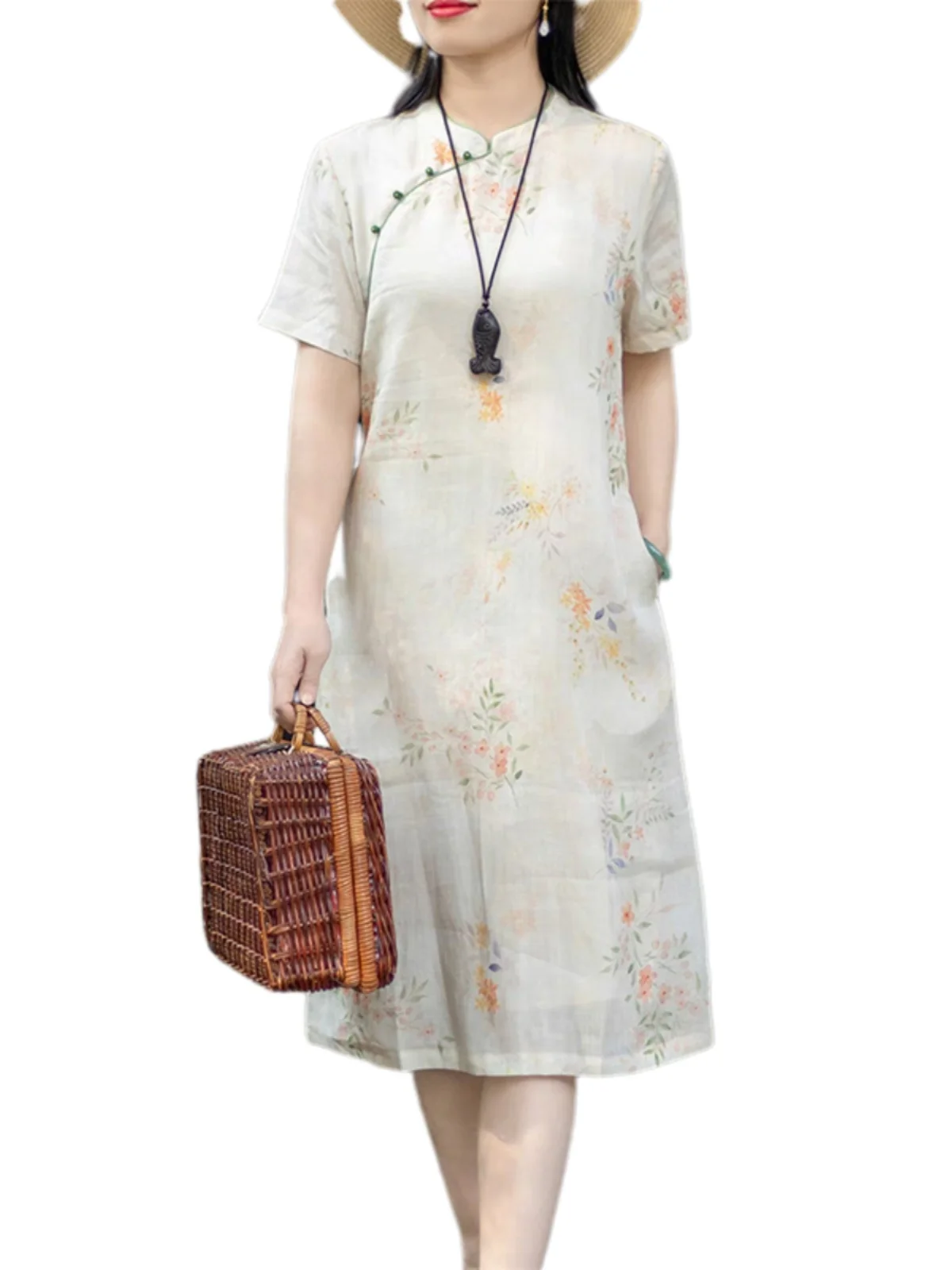 ชุดเดรสผ้าฝ้ายลินินสไตล์จีนเซนแบบใหม่สำหรับผู้หญิง ลายปักดอกไม้สไตล์เรโทร น้ำหนักเบา เหมาะสำหรับฤดูร้อน