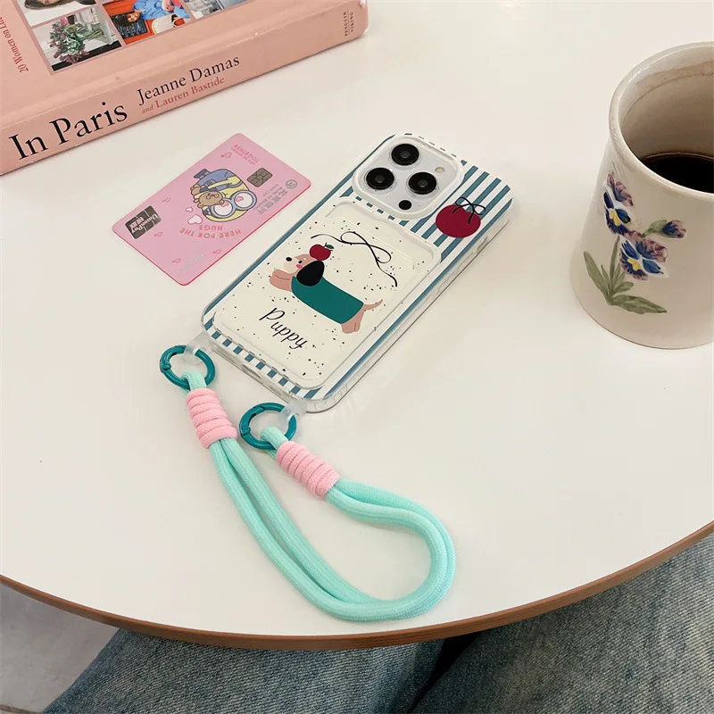 Card bag transparent painted apple sausage dog phone case with hanging rope For iPhone 11 12 13 14 15 16 pro max