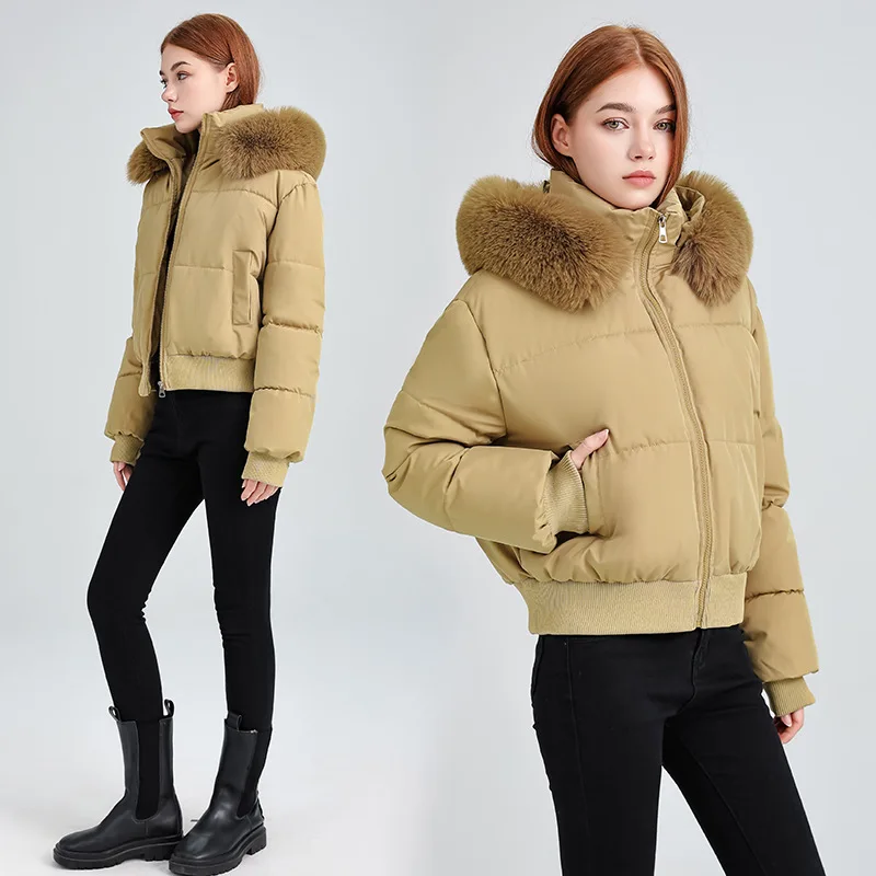 PinkyIsBlack New Warm Autumn and Winter High Waist Big Fur Short Hooded Women's Cotton Padded Jacket Coat Basic Zipper Parkas
