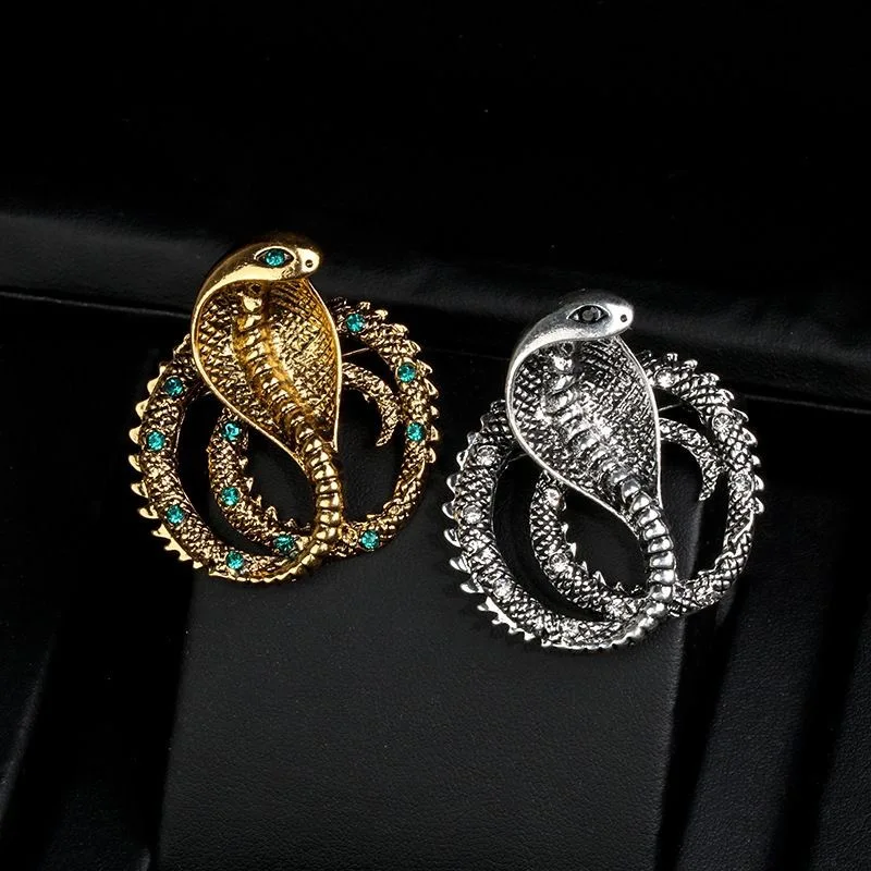 Vintage Bronzer Rhinestone Cobra Brooches  for Women Man Metal Personality Snake Pin Office Party Friend Gifts Accessories