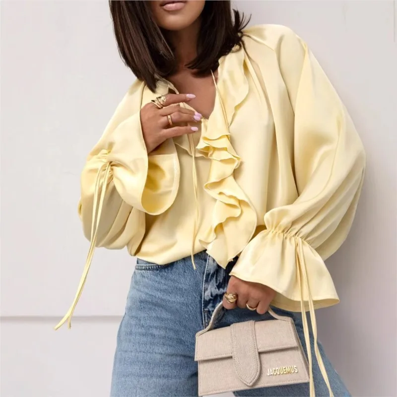 

2025 new spring and autumn versatile ruffle edge trumpet long sleeved V-neck lace up women's shirt with elegant temperament top