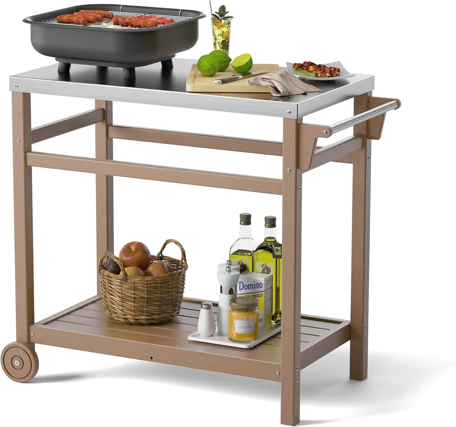 Outdoor Prep Cart Dining Table For Pizza Oven, Patio Grilling, And Backyard Bbq | Wood Color, Two Tier