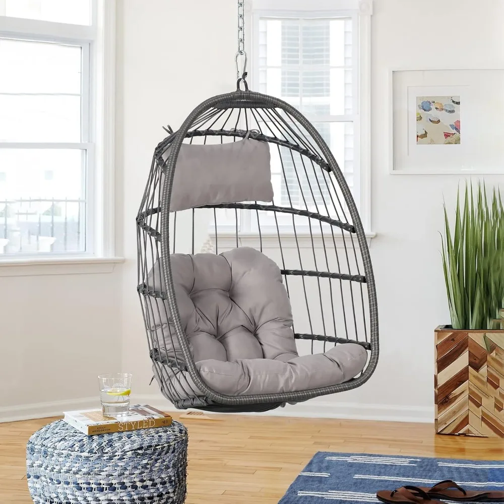 Indoor Outdoor Egg Swing Chair Without Stand, Patio Wicker Rattan Hanging Chair w/Cushion, 350lbs Capacity, All Weathe