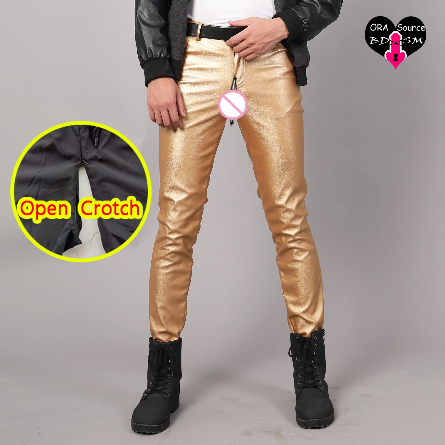 Men Sexy Open Crotch Dancing Sweatpants Chic Gay Sissy Use Crotchless Clubwear PU Hot Pants Casual Leggings Fashion Trousers