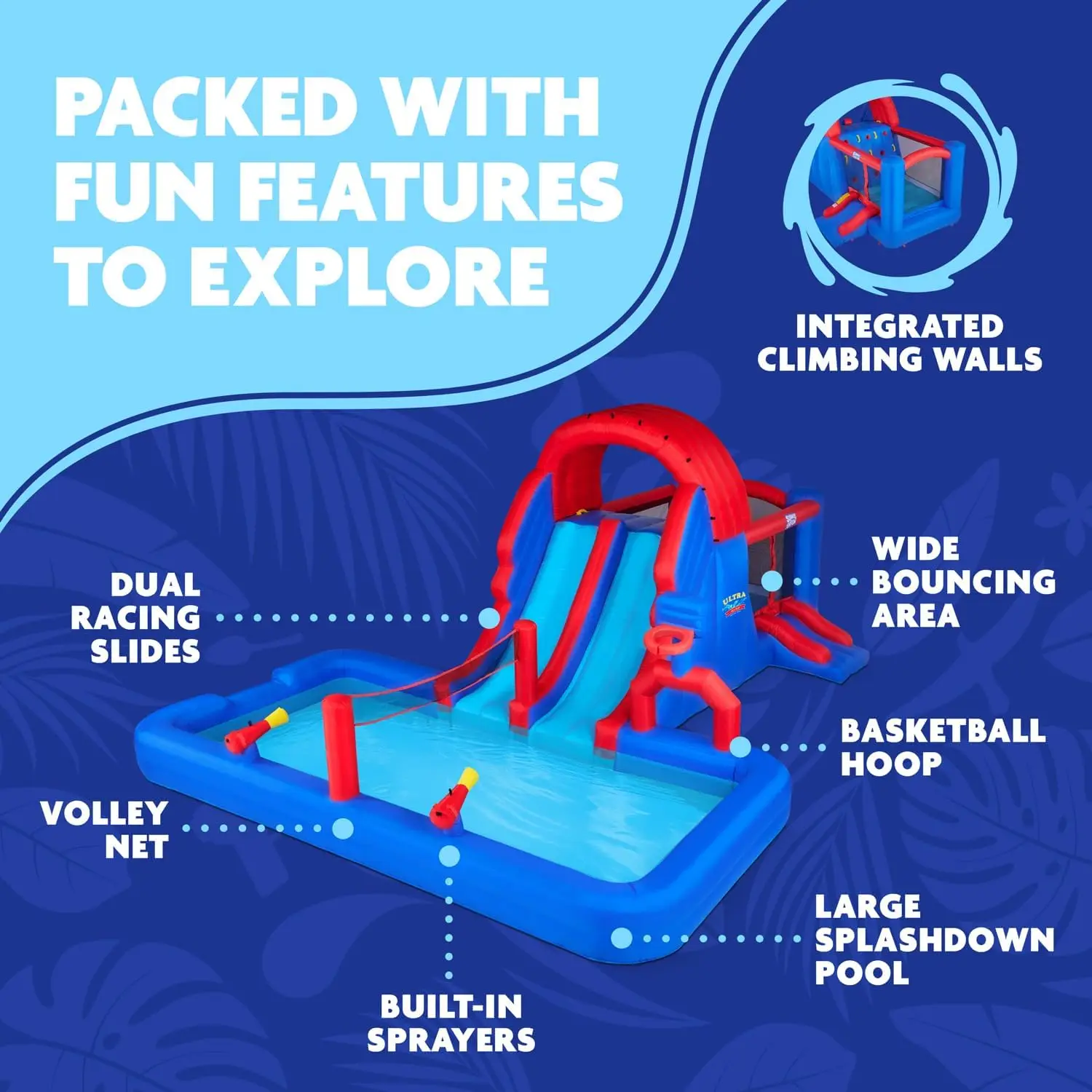 Heavy-Duty Inflatable Water Slide Park for Outdoor Fun - Climbing Wall, Slides, Bounce House, Volleyball Net, Basketball Hoop, Deep Pool - Includes Air Pump & Carrying Case view 2