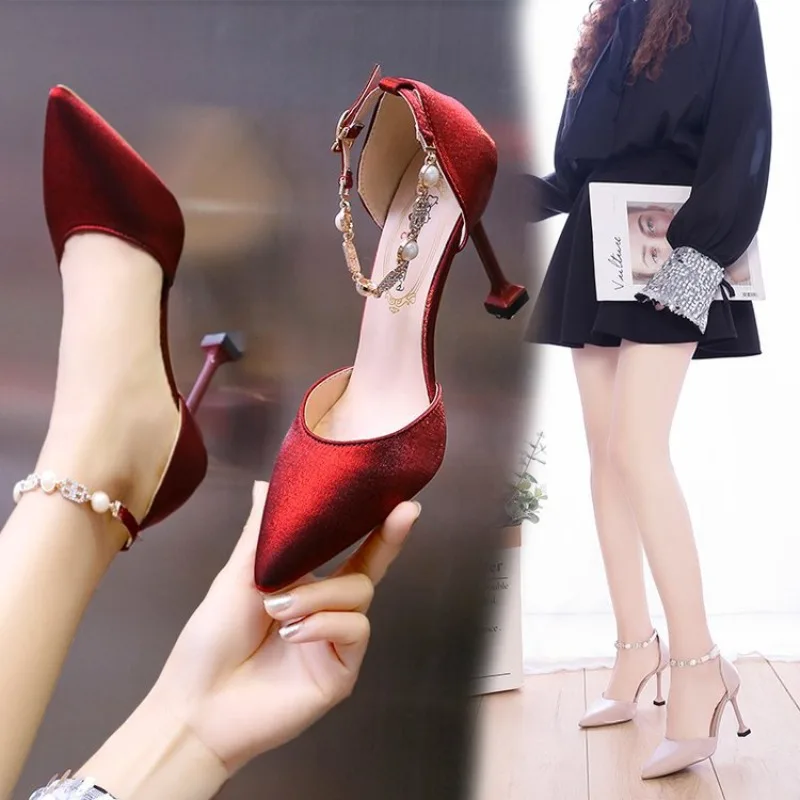 2025 Summer New Korean Edition Pointed Single Shoes with One Thread Buckle and Thin Heels, Silk Hollow Sandals for Women