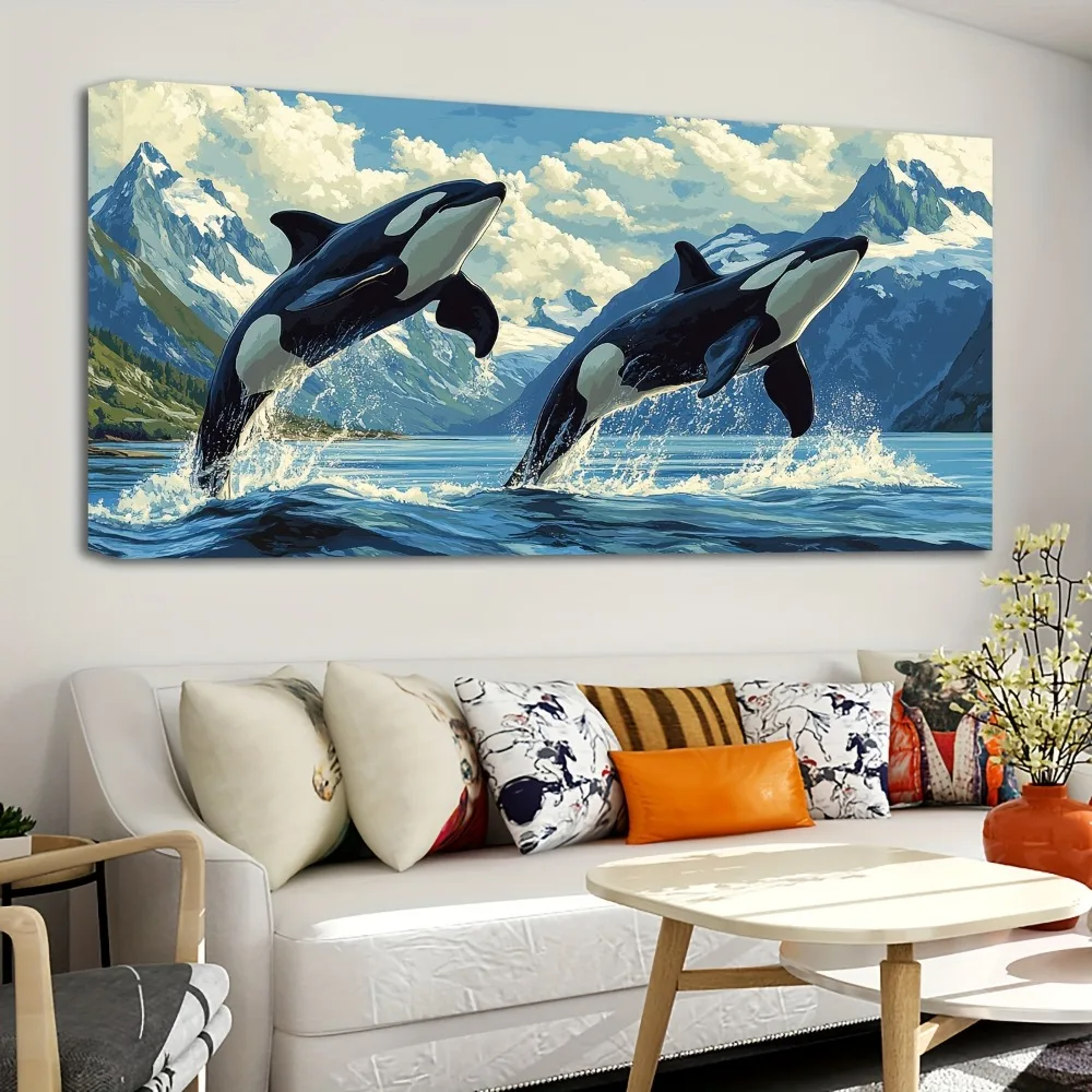 1.5 inch thick pine solid wood frame, hallway home living room decorated with suspense killer whale underwater, blue ocean